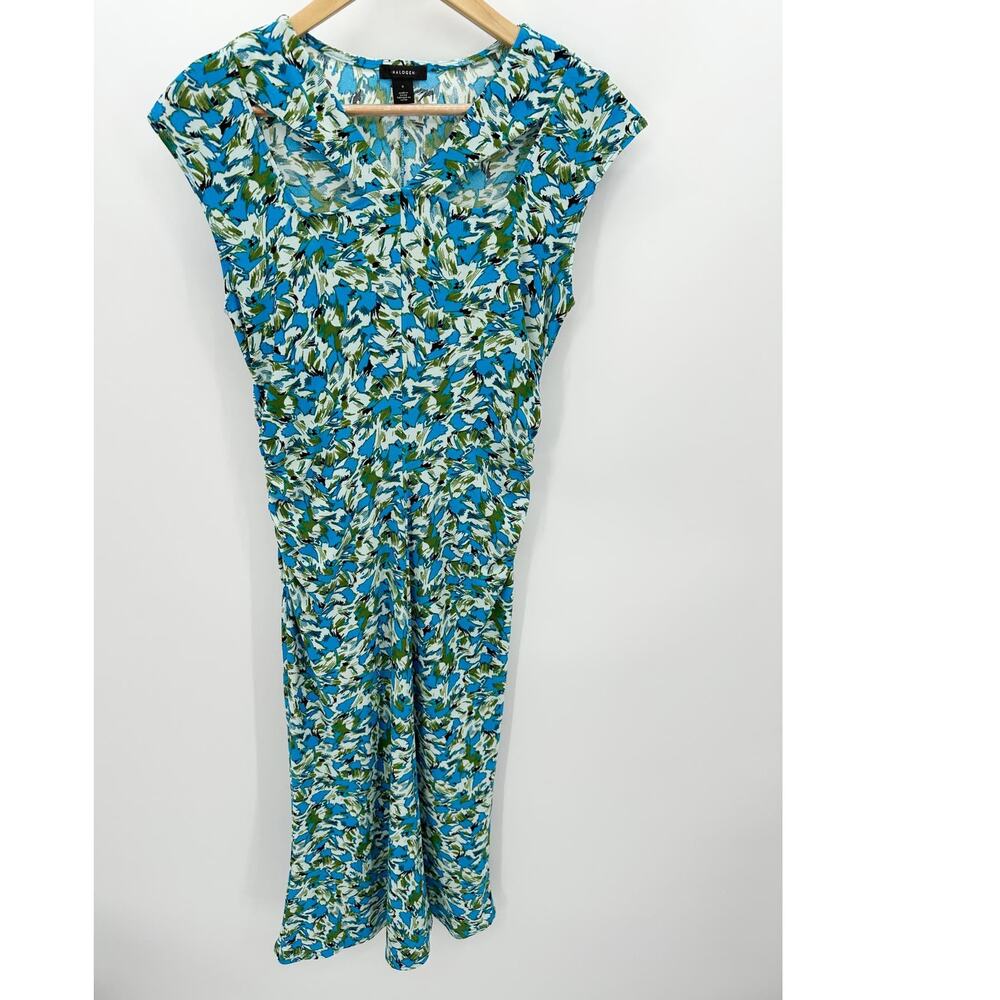Halogen Blue Green Floral Cap Sleeve Ruched Waist Midi Dress HA469372MI Womens S